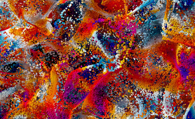 Wall Mural - 3d render of abstract art festive 3d background with surreal growing explosion smoke cloud splash fluid based on small and big balls particles in red orange purple blue and white gradient color 