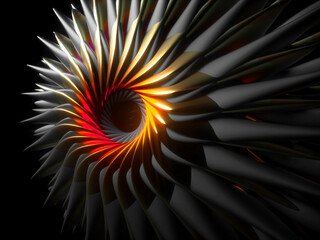 3d render of abstract art of 3d industrial background with surreal turbine jet engine or alien flower in spiral pattern sharp curve blades in gold and black matte rubber material with glare effect