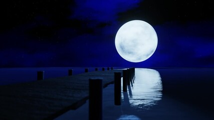 the full moon at night was full of stars and a faint mist. a wooden bridge extended into the sea. fa