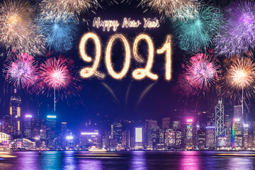 Poster - Happy new year 2021 firework over cityscape building near sea at night time celebration,mock up Banner for advertise on social media