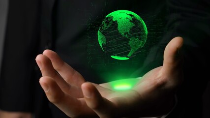 Human hand holding earth globe holographic technology . Futuristic visualization for virtual reality and augmented reality .