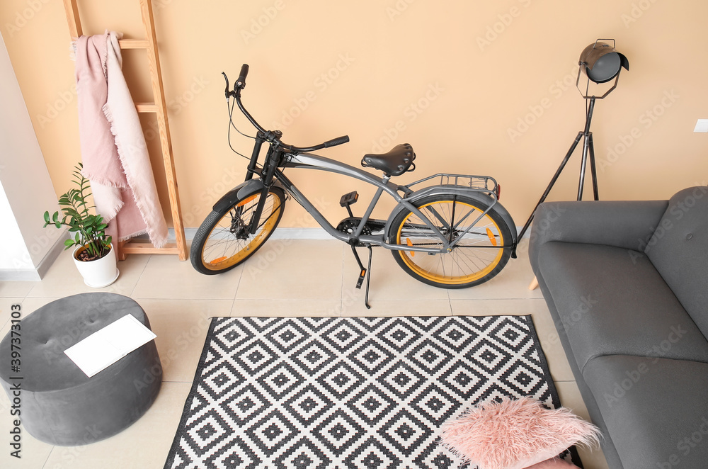 Interior of modern room with bicycle