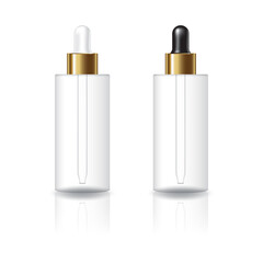 Wall Mural - Blank clear cylinder cosmetic bottle with white and black-gold dropper lid mockup template.