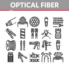 Wall Mural - Optical Fiber Cable Collection Icons Set Vector. Fiber Repair Instrument And Electrical Device For Test Connection, Cord Roll Bobbin Damaged Concept Linear Pictograms. Monochrome Contour Illustrations