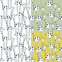 Seamless pattern with giraffes. Giraffes are drawn with a black outline and a white fill. One pattern is isolated, and two patterns have a colored background of green and yellow. Great for coloring