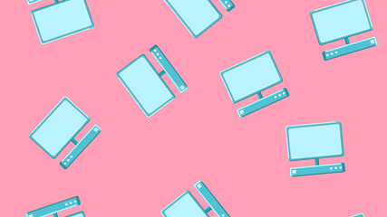 Poster - Seamless pattern texture of endless repetitive modern digital laptop computers with monitors on pink background. illustration