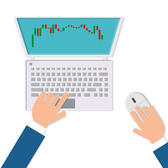Poster - man businessman working on a stock exchange with financial charts with Japanese candles on the workplace desk with a mouse and modern digital computer laptop top view, flat lay