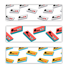 Poster - A set of three abstract multicolored backgrounds for poster textures from old retro vintage game joysticks for computer video games game console from the 8s 90s. Vector illustration