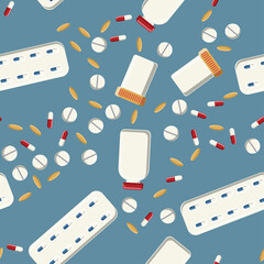 Wall Mural - Medical seamless pattern, texture from medicinal pharmaceutical tablets, cans, capsules, vitamins, drugs, plates, antibiotics, omega 3 fish oil isolated on a blue background. Concept: health care