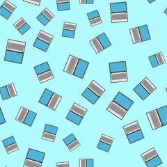 Poster - Seamless pattern, texture of modern powerful digital computer mobile laptops with keyboard, technology isolated on blue background