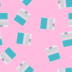 Poster - Seamless pattern, texture of modern powerful digital computer mobile laptops with keyboard, technology isolated on pink background