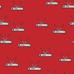 Poster - Seamless pattern, texture of modern powerful digital wireless white wi-fi routers, modems for the Internet, technology isolated on a red background