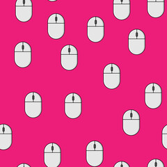 Poster - Seamless pattern, texture of modern digital wireless white two-button computer mice with a wheel, technology isolated on a purple background.  illustration