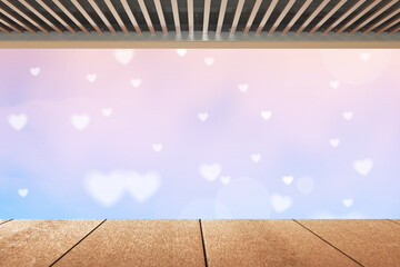 Wood planks floor and the valentines day background , abstract and soft hearts for valentines day Background , ,bright sun light background