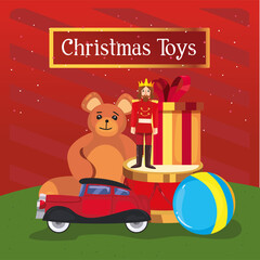 Wall Mural - merry christmas toys teddy bear drum car and ball vector design