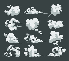 Cartoon smoke set. Smoking car motion clouds cooking smog smell. Steam smoke clouds of cigarettes or expired old food vector cooking cartoon icons.