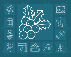 Wall Mural - merry christmas berries with leaves and icon set vector design