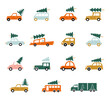 Set of cars in a flat style. A car with a tree on the roof. Christmas icons in flat style. New Year decorative elements for Christmas design.