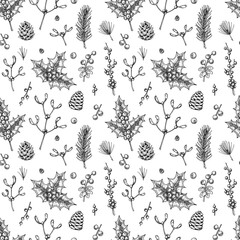 christmas seamless pattern with hand drawn mistletoe and christmas stree branches, cones and holly b