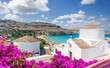Landscape with beach and white church in Lindos, Rhodes, Greece