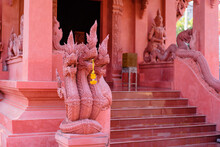 Red Dragons Sculptures On Buddhist Temple.