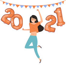 New Year 2021 Illustration Concept With Young Girl Jumping.