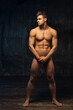 canvas print picture - Full length portrait of naked man standing sideways. Muscled male body at dark background. Handsome nude hunk covering himself with hands.