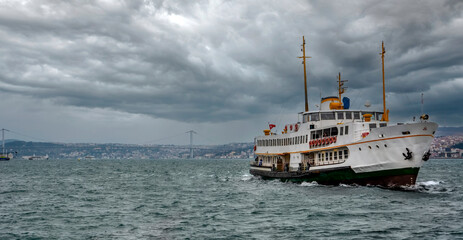 Wall Mural - Beautiful View touristic landmarks from sea voyage on Bosphorus. turkish steamboats, view on Golden Horn.