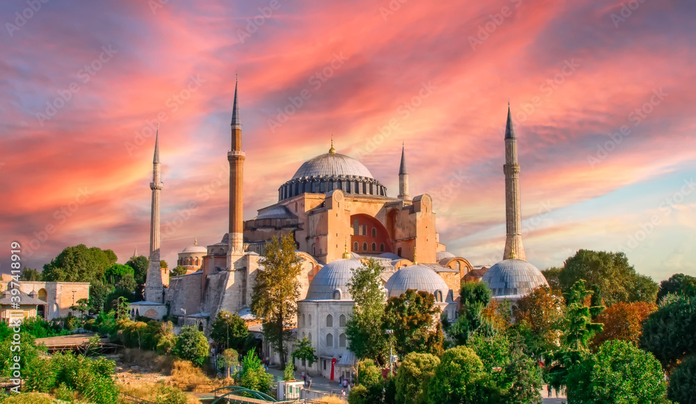 Sunny day architecture and Hagia Sophia Museum, in Eminonu, istanbul, Turkey  - obrazy, fototapety, plakaty 