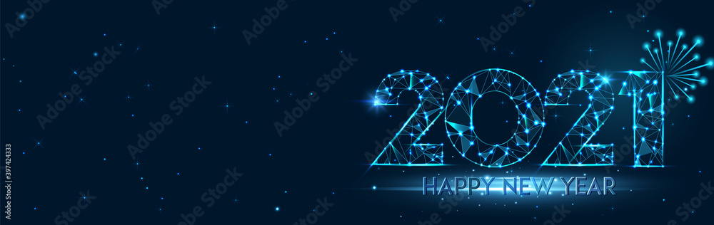 Happy new year 2021 banner design. 2021 Happy new year greeting horizontal poster. Geometric futuristic polygonal 2021 new year greeting card. Vector firecracker background. Low polygon. - obrazy, fototapety, plakaty 