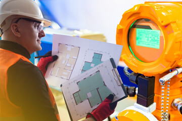 Poster - Engineering works in construction. The engineer carries out the supervision of construction works. A man in a hard hat with construction plans on the background of an energy meter.