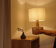 © Thomas - Man placing a decorative electric lamp with warm light in the corner of a room