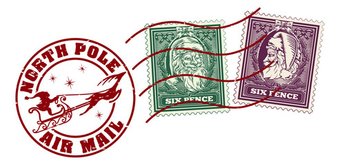 Wall Mural - Santa Claus Christmas letter postage stamps and post mark or postmark reading North Pole Air Mail. With Father Christmas and his sled or sleigh. Stamps in a retro vintage woodcut style.