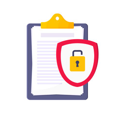 Wall Mural - Privacy policy, warning safety lock and data protection metaphor. Shield with padlock on the clipboard with personal data security protection symbol flat style design vector illustration.