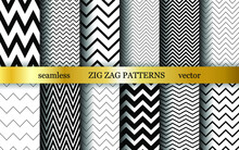Set Of Seamless Vector Zig Zag Patterns. Collection Of Romantic Zigzag Wavy Lines Background. For Decoration, Fabric, Textile, Wrapping, Cover, Design Etc.