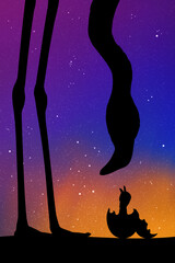 Sticker - Flamingo baby in egg at night. Bird family silhouette. Northern lights
