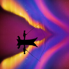 Sticker - Man with dog in boat at night. Fisherman silhouette. Aurora borealis