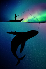 Sticker - Fisherman at starry night. Whale silhouette underwater. Polar lights