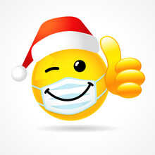 Winking Smile In Medical Mask Showing Thumb Up With Santa Hat. Emoji Face With White Guard Mouth Mask And Red Claus Cap. Vector Illustration Yellow 3D Winking Emoticon Wearing Surgical Mask 
