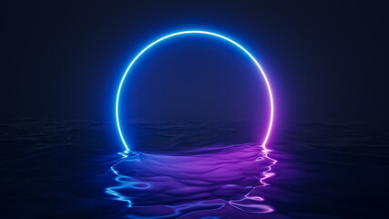 Retro futuristic abstract ocean scenery with blue and violet neon circle with copy space 3D rendering illustration