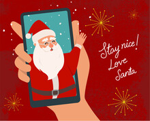 Virtual Santa's Grotto, Online Christmas Call, Web Call On Hand Holding Phone, Zoom Meet Call, Handwritten Santas Letter Message Kids Festive Retro Style Holidays Social Design Burgundy Maroon
