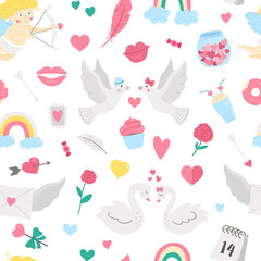 Wall Mural - Vector seamless pattern with Saint Valentine’s day symbols. Repeating background with cute characters and love objects. Playful February holiday texture.