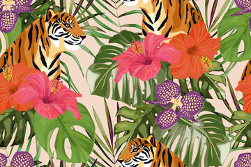 Summer seamless pattern with tropical palm leaves, orchid, hibiscus and tiger. Jungle fashion print. Hawaiian background. Vector illustration