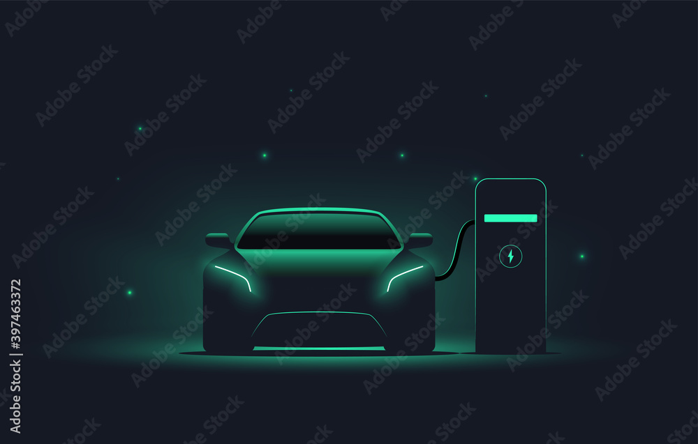 Electric car at charging station. Front view electric car silhouette with green glowing on dark background. EV concept. Vector illustration - obrazy, fototapety, plakaty 