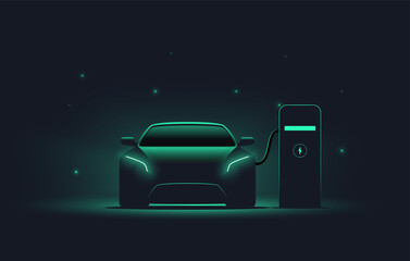 electric car at charging station. front view electric car silhouette with green glowing on dark back