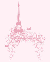 Eiffel Tower And Blooming Sakura Tree Branches With Flying Swallow Birds - Spring Season Paris Vector Silhouette Design