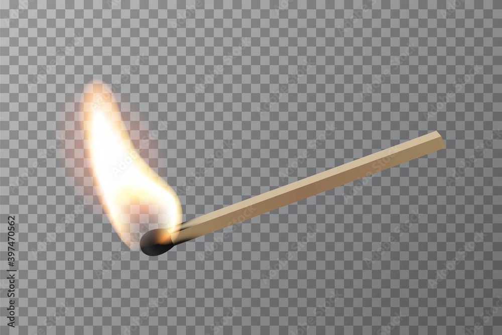 Lit match stick burning with fire flame. Wooden match, hot and glowing ...