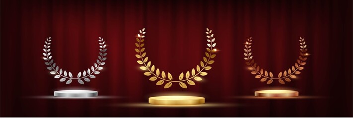 Wall Mural - Golden, silver and bronze award signs with podiums laurel wreath isolated on red curtain background. Vector award design templates.