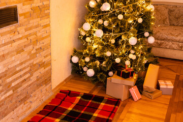 Wall Mural - Christmas living room with a Christmas tree, gifts. Beautiful New Year decorated home interior