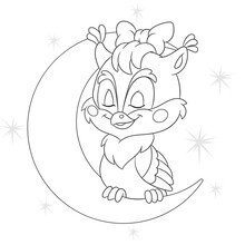 Coloring Book Page For Kids With Cute Cartoon Owl Sleeping On Moon. Vector Illustration.